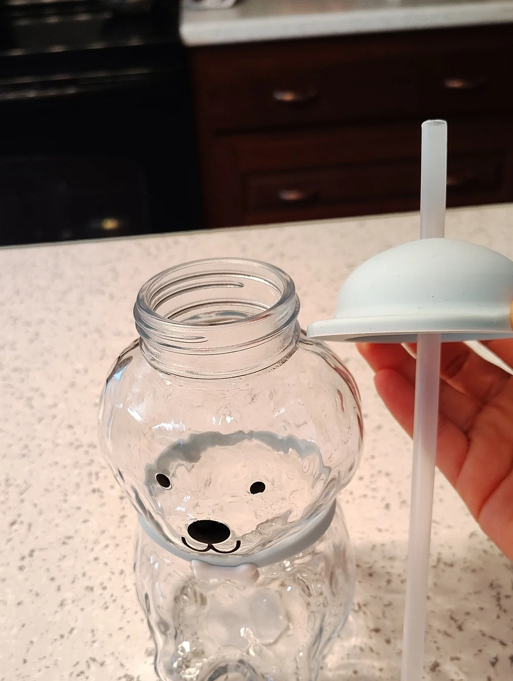 Cute Bear Shaped Clear Drink Cup with Light Blue Lid & Collar